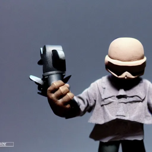 Prompt: a claymation film still of mf doom rapping. claymation by bruce bickford