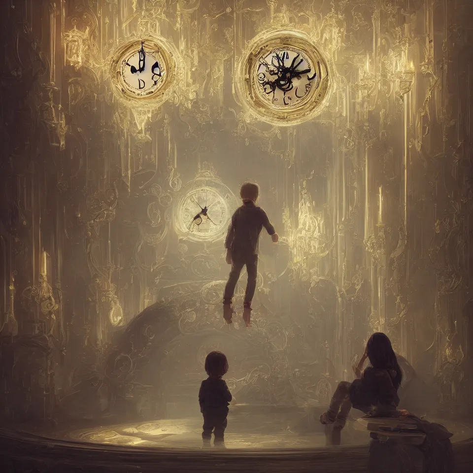 Prompt: a child surrounded by mirror and evil clock, intricate, elegant, glowing lights, highly detailed, digital painting, artstation, concept art, smooth, sharp focus, illustration, greg rutkowski, 8 k, very high resolution, processing, extremely hyperdetailed