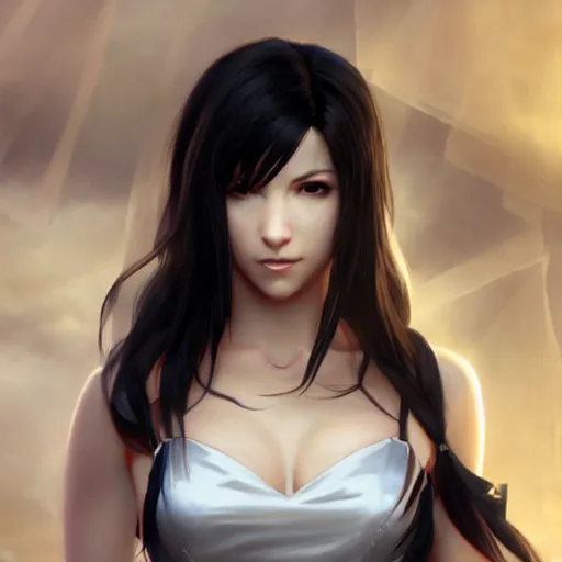 Image similar to tifa lockhart in a wedding dress, cg animation, riot entertainment, arcane, realistic, character select portrait, by artgerm, greg rutkowski, alphonse mucha, 3 d