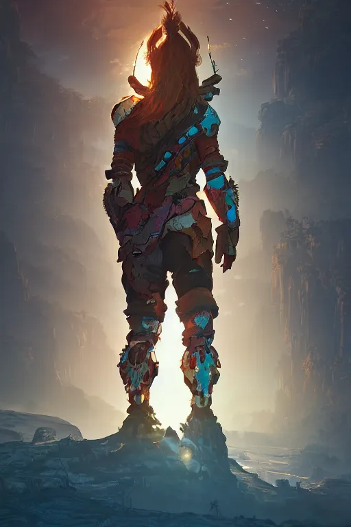 Image similar to combination suit armor aloy horizon forbidden west horizon zero dawn radiating a glowing aura global illumination ray tracing hdr fanart arstation by ian pesty and alena aenami artworks in 4 k tribal robot ninja mask helmet backpack