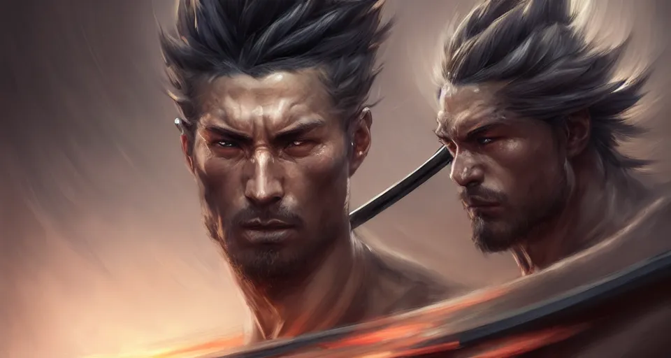 Image similar to face portrait of a handsome and ripped ronin, masculine features, short messy hair, wielding a katana, wearing a haori, by wlop and peter mohrbacher, dramatic action pose, extremely detailed shading, concept art, digital painting, trending on artstation, unreal engine 5, octane render, atmosphere, glow, cinematic lighting, full of color