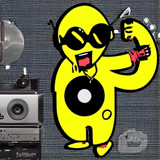 Image similar to svg sticker of a Dancing-Banana, at a rave, spinning records, giant headphones rocking out, wearing headphones, huge speakers, dancing, rave, DJ, spinning records, digital art, amazing composition, rule-of-thirds, award-winning, trending on artstation, featured on deviantart