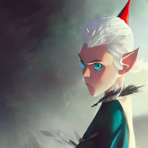 Image similar to an elf with white hair, blue eyes, wearing crow feathers. highly detailed, digital painting, artstation, matte, by makoto shinkai, animation style