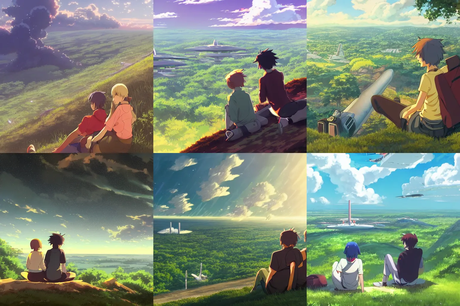 Prompt: Teenage boy and girl sit on a hill surrounded by forest and look at a spaceport with ships taking off, anime, by Makoto Shinkai, highly detailed, nature, spaceport