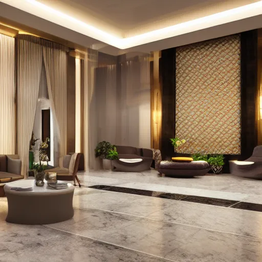 Image similar to realistic luxury hotel lobby interior in miami with pools in the background, corona render, detailed