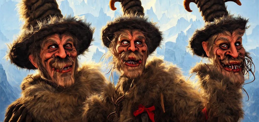 Prompt: a portrait of a tyrolean krampus mask wearing farmer , bavarian hat, dolomites in the background, illustration, soft lighting, soft details, painting oil on canvas by mark arian by artgerm, trending on artstation, 4k, 8k, HD