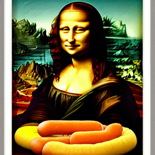 Prompt: mona lisa made out of hot dogs, hamburgers, and corn. highly detailed. renaissance painting.