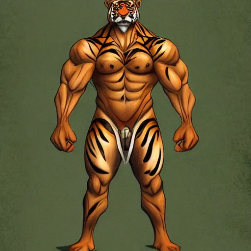 Image similar to A standing tiger showing off his muscles, featured on DeviantArt, FurAffinity