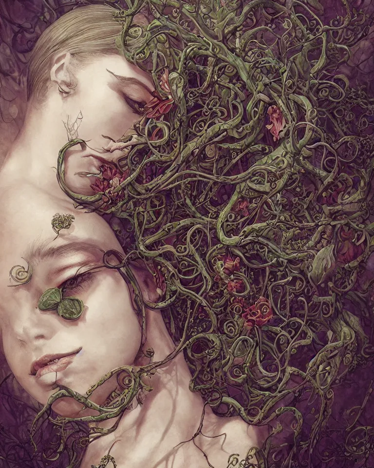 Prompt: centered beautiful detailed side view profile portrait of a young and beautiful woman, ornate sunflowers growing around, ornamentation, thorns, vines, tentacles, elegant, beautifully soft lit, full frame, by wayne barlowe, peter mohrbacher, kelly mckernan, h r giger