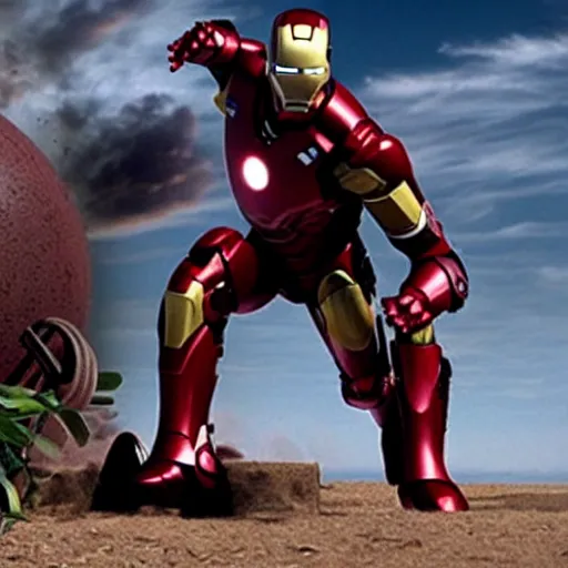 Image similar to an film still of ironman stopping giant rusty ball hit the earth, using both hands, cinematic, heroic scene