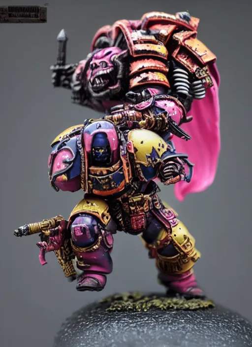 Prompt: 8 0 mm resin detailed miniature of a drunk warhammer 4 0 k space marine with pink dragonscale armor, product introduction photos, 4 k, full body,