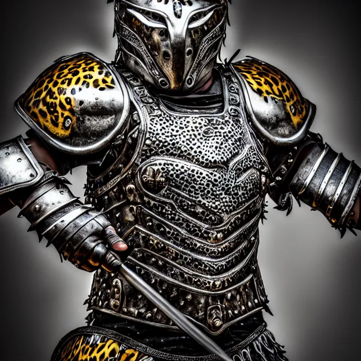 Image similar to photo of a warrior with metal jaguar themed armour, highly detailed, 4 k, hdr, smooth, sharp focus, high resolution, award - winning photo