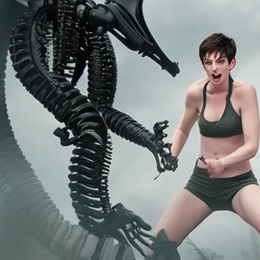 Prompt: promotional image of Anne Hathaway fighting the Xenomorph, high quality