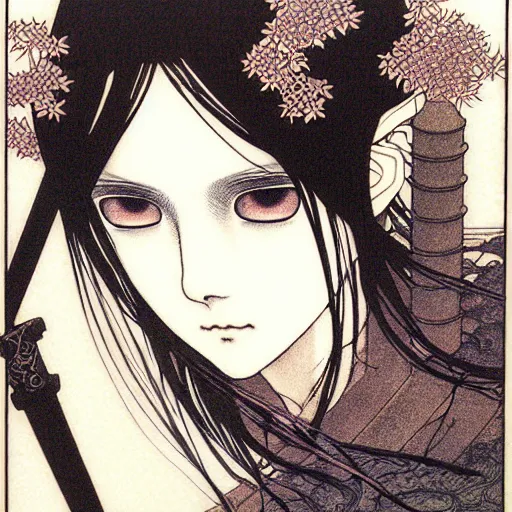 Image similar to prompt: Fragile looking vessel portrait soft light drawn by Takato Yamamoto, inspired by Fables, weapons around the face, ancient dark chrome knight armor, magical and alchemical objects on the side, soft light, white background, intricate detail, intricate oil painting detail, sharp high detail, manga and anime 2000