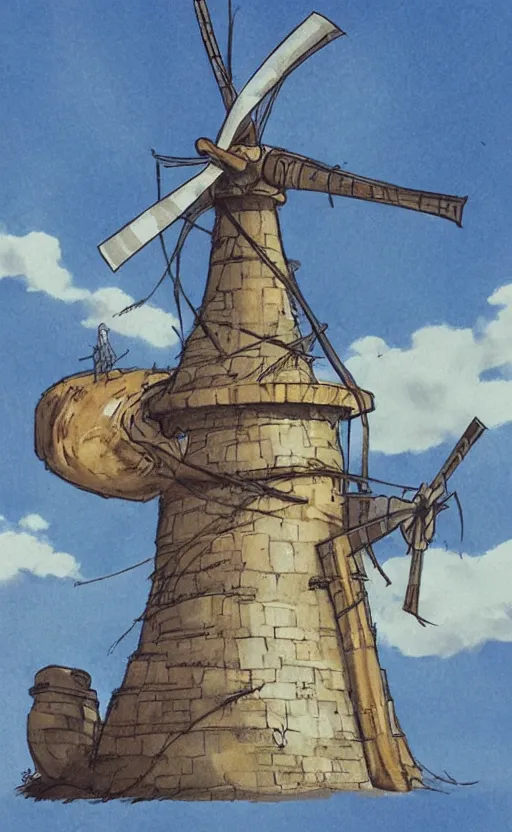 Prompt: a cartoon character is standing in front of a windmillt, concept art by hayao miyazaki, featured on pixiv, fantasy art, official art, 2 d game art, concept art