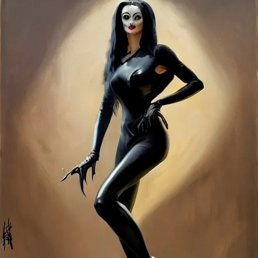 Image similar to greg manchess portrait painting of partially armored morticia from addams family as overwatch character, medium shot, asymmetrical, profile picture, organic painting, sunny day, matte painting, bold shapes, hard edges, street art, trending on artstation, by huang guangjian and gil elvgren and greg rutkowski