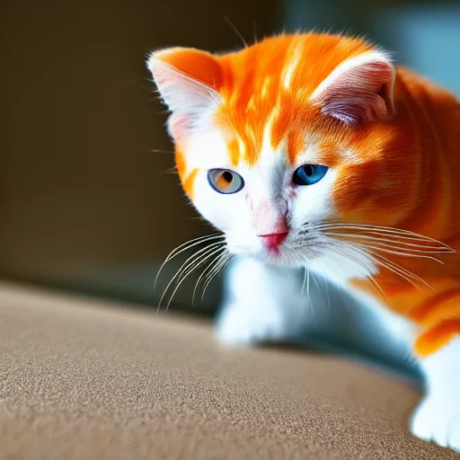 Image similar to what a orange and white kitty looks like from the perspective of a mouse. Ultra realistic 4k arstation instagram