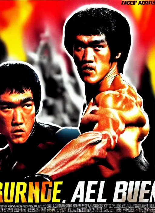 Image similar to Film poster Bruce lee fights VS Arnold Schwarzenegger, faces look at each other, detailed and realistic, 4k, filmic render