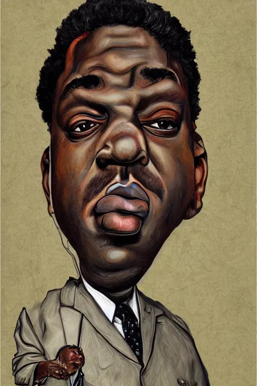 Image similar to a wonderful caricature portrait of biggie small in style of egon schiele, masterpiece, hyperdetailed, complex, intricate, 4 k, trending on artstation