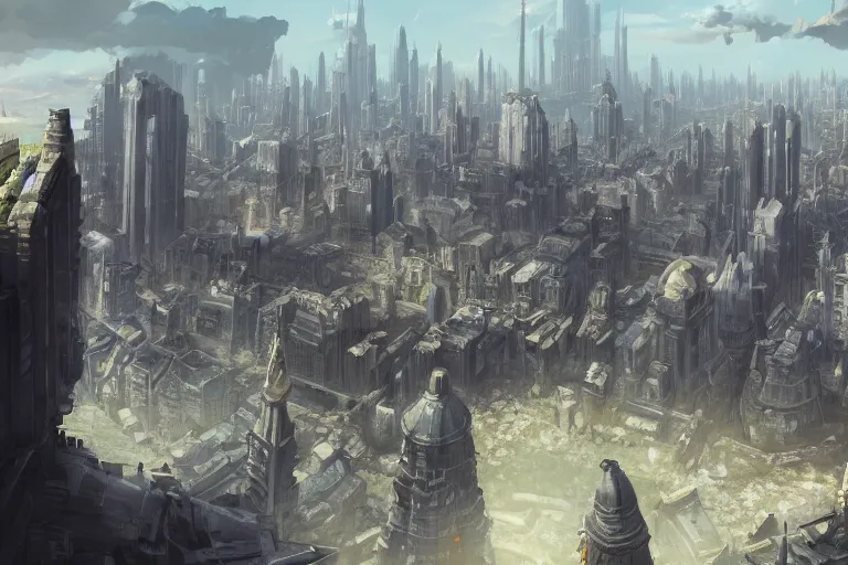 Image similar to concept art painting of an evil empires capital city with large fortress in the middle, realistic, detailed, cel shaded, in the style of makoto shinkai and greg rutkowski and james gurney