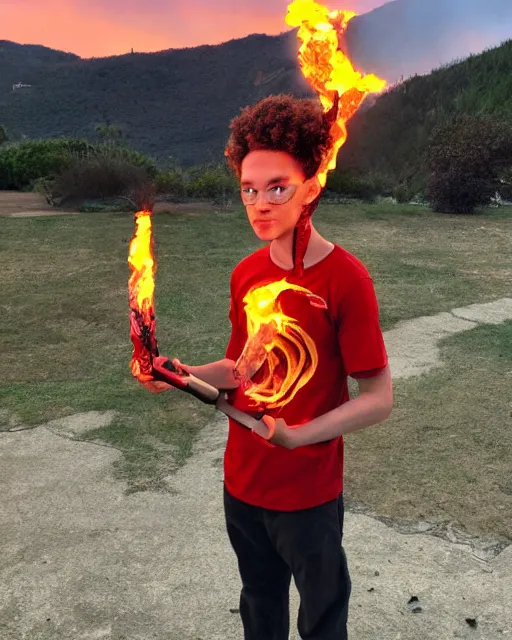 Image similar to photograph, squidward wearing fire nation clothing and practicing firebending outside at susnset