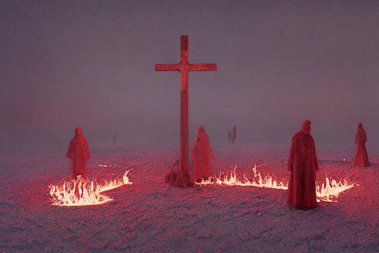 Image similar to a cross set ablaze on a snow covered field, surreal frozen landscape, painting by beeple and zdzisław beksinski, a matte painting by li shida, cgsociety, context art, redshift, matte painting, reimagined by industrial light and magic