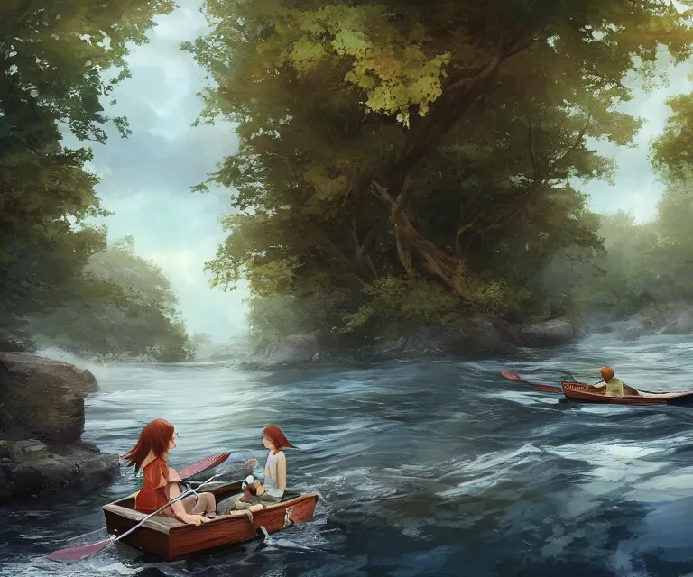 Image similar to a girl with long, flowing auburn hair, and a boy with short hair sitting together in a small wooden paddle boat sailing down a narrow river in a forest, rocky shore, trees, shady, blue waters, ripples, waves, reflections, details, sharp focus, illustration, by Jordan Grimmer and greg rutkowski, Trending artstation, pixiv, digital art