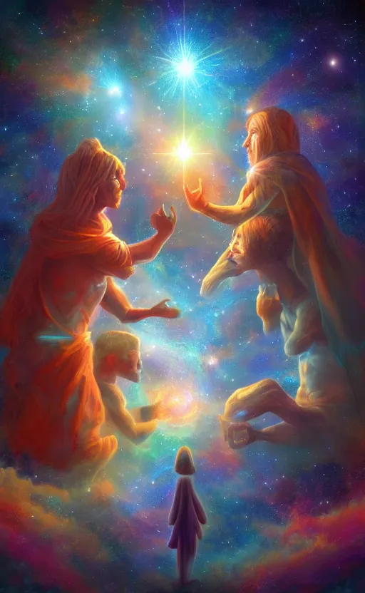 Image similar to Meeting God in the universe, digital art, trending on art station