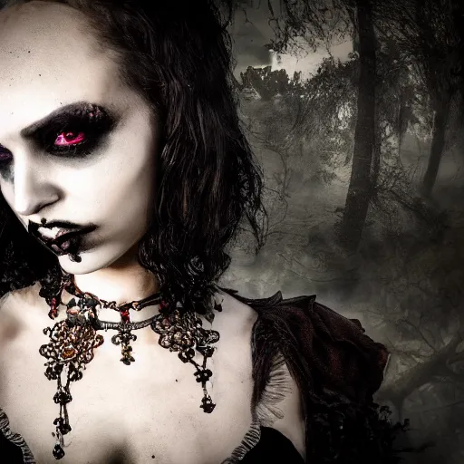 Image similar to A portrait of a Gothic goddess of horror jewels in an empty land, dark and mysterious, lively atmospheric, cinematic, 8k, 4k, ultra detail, ultra-realistic, rendered by DeviantArt