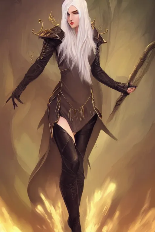 Prompt: a beatiful female elven priestess with white hair wearing thigh high black leather boots, detailed digital art in the style of Charlie Bowater