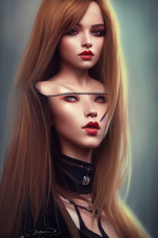 Image similar to full portrait of a beautiful female dollpunk with thin lustrous hair wearing a bodysuit, reflections, focus, detailed, realistic eyes, symmetric features proportions, intricate facial skin details, award winning, trending in cgsociety artstation deviant art, octane render, byTom Bagshaw