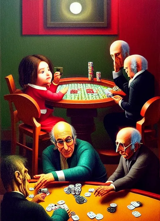 Image similar to hyper detailed 3d render like a Oil painting - larry david playing poker with a bunny by Jacek Yerka, Mariusz Lewandowski, Houdini algorithmic generative render, Abstract brush strokes, Masterpiece, Edward Hopper and James Gilleard, Zdzislaw Beksinski, Mark Ryden, Wolfgang Lettl, hints of Yayoi Kasuma, octane render, 8k