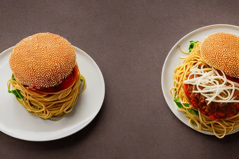 Prompt: spaghetti burger, commercial photography