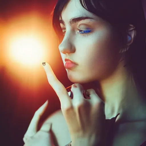 Prompt: instagram photo of a beautiful russian girl with short dark hair, pierced nose and very long fingernails, photography, lens flare, warm color palette, 4 k, lumen reflections