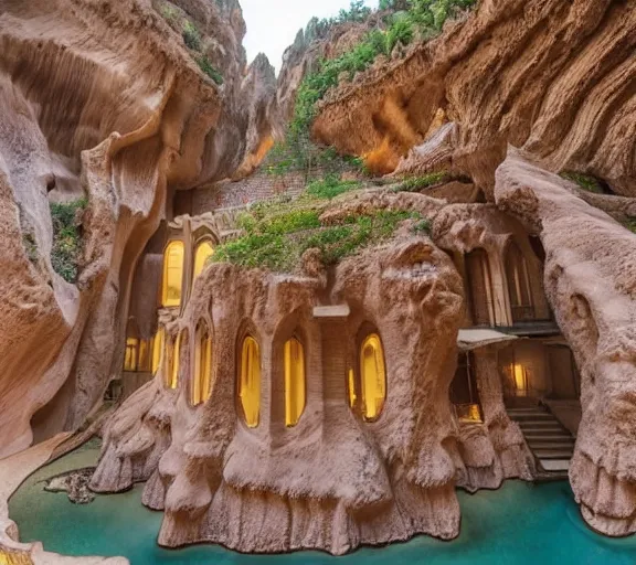 Image similar to Asgard ethereal castle, high-end civilization, luxurious onsens, with lush expensive Singaporean sakura season, asgardian bathhouse, onsens, located on Waimea canyon in Antelope canyon, Pamukkale, beautiful smooth sandstone in unique shapes with light beams that shine through its walls, gold striated interstellar swirling finish, white travertine terraces, digital painting, concept art, smooth, sharp focus, from Star Trek 2021, illustration, by WLOP and Ruan Jia and Mandy Jurgens and William-Adolphe Bouguereau, Artgerm