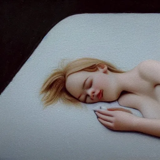 Prompt: Painting of Elle Fanning sleeping in a puddle, long blonde hair, delicate, pale milky white porcelain skin, by Quint Buchholz. 8K. Extremely detailed.