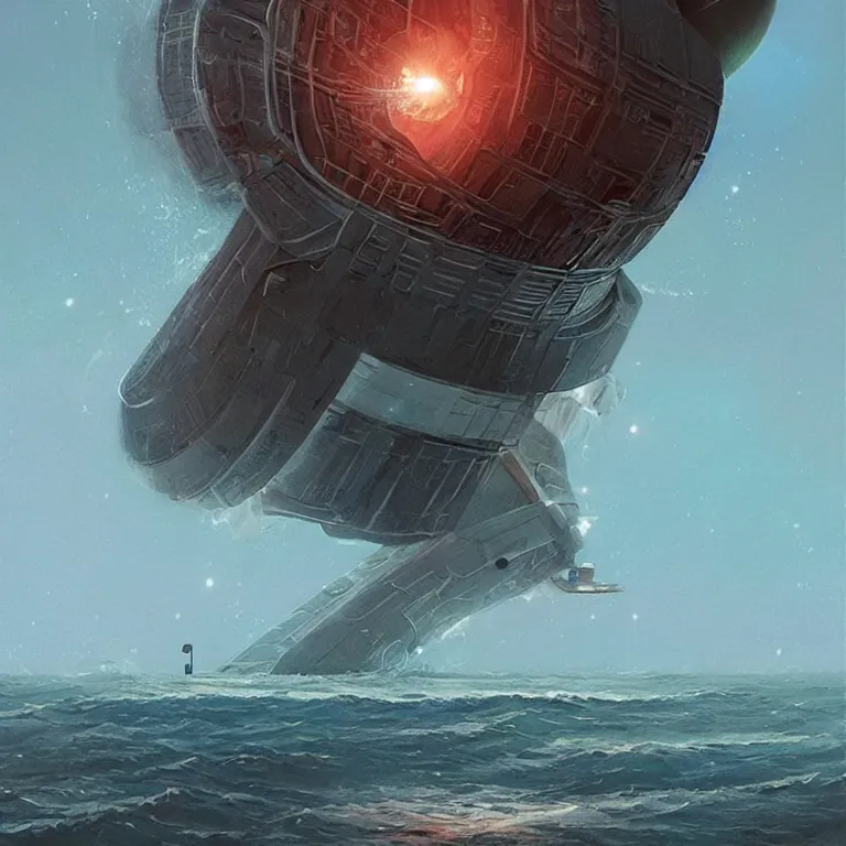 Image similar to mechanical spaceship nautilus dripping wet emerging from a the ocean, launching to space, big booster rocket engines, sci - fi concept art, by john harris, by simon stalenhag, stunning, award winning