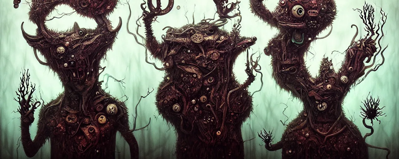 Image similar to whimsical earthy alchemical monsters, surreal dark uncanny painting by ronny khalil