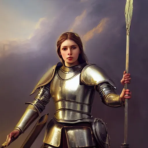 Image similar to beautiful painting of Joan of Arc, high quality, highly detailed, Romanticism painting, medieval, 8k, vivid, coherent, octane render