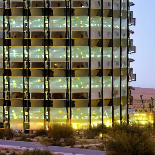 Prompt: biophilia skyscraper hotel in the desert