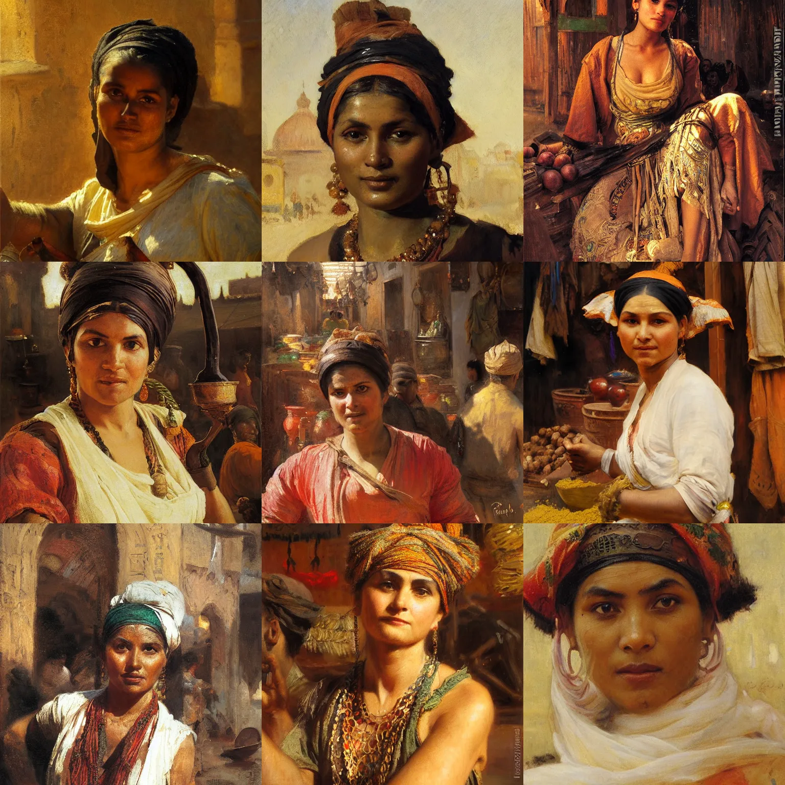 Prompt: orientalism face detail of a blacksmith princess standing in a spice market by theodore ralli and nasreddine dinet and anders zorn and nikolay makovsky and edwin longsden long, oil on canvas, masterful intricate artwork, excellent lighting, high detail 8 k