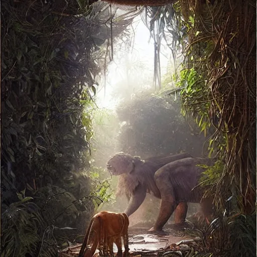 Image similar to animals of the jungle coming out of a doorway, painting by Greg Rutkowski, foliage, dramatic lighting, sharp focus