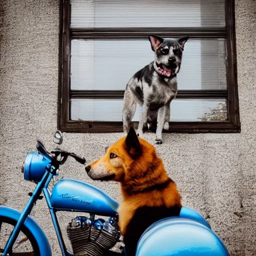 Image similar to blue heeler dog on a bike, 8 k photography, blurred background of a wafflehouse