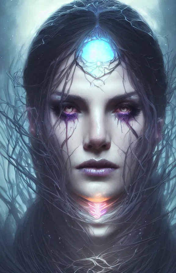 Image similar to Necromancer Sorceress face close-up macro in center, fantasy magic, undercut hairstyle, dark light night, intricate, elegant, sharp focus, illustration, highly detailed, digital painting, concept art, matte, art by WLOP and Artgerm and Greg Rutkowski and Alphonse Mucha, masterpiece