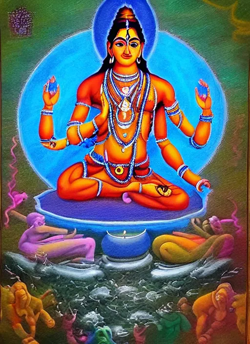 Prompt: digital visionary painting, hindu art, masterpiece, lord shiva creates the world with his primordial om, realistic, highly detailed, post produced