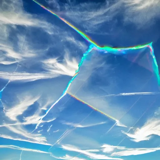 Prompt: a photo of the sky, there are puffy clouds and prismatic cracks crisscrossing the sky