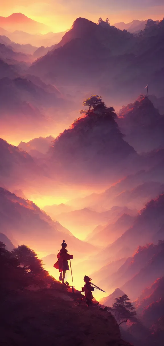 Prompt: young samurai boy resting on a mountain top, cool vibrant dawn sky, by sylvain sarrailh, rossdraws, ambient light, ultra detailed, fantasy artwork, 8 k, volumetric lighting, trending on artstation, award winning, very beautiful.