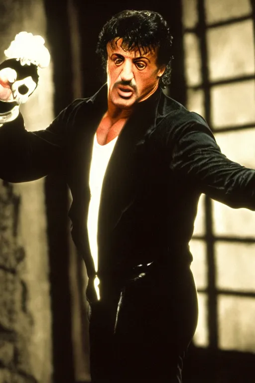 Image similar to sylvester stallone playing edgar allen poe, cinematic, dramatic, mood lighting