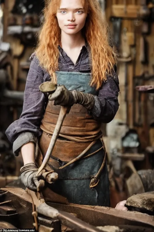 Image similar to female blacksmith, very burly. strawberry - blonde hair, many freckles. resembles natalia vodianova