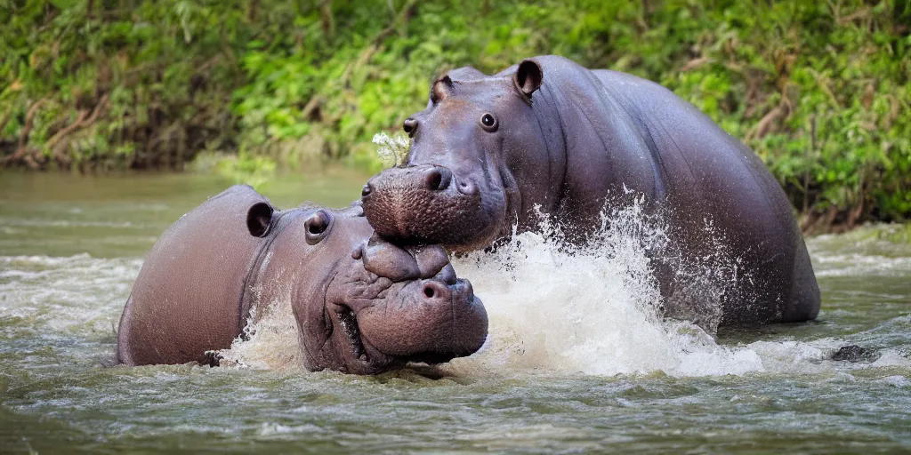 Image similar to nature photographer's photo of a hippo with in a river in the jungle, attacking the photographer. extremely high detail, ominous natural lighting